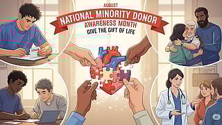 An illustration for National Minority Donor Awareness Month, showing diverse hands putting together a heart-shaped puzzle, with scenes of people signing donor forms and interacting with doctors and family.