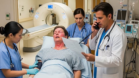 Medical team attends to a distressed patient with a rash in a hospital near a CT scanner.