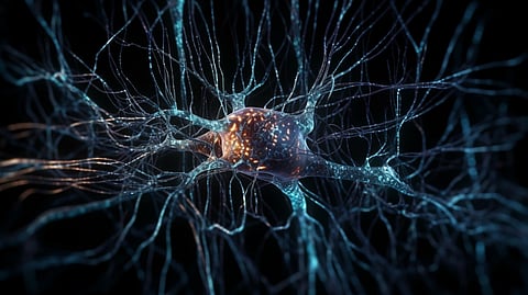 Close up image of neurons with blue and orange lights.