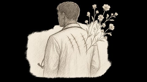 Sketch of a doctor’s silhouette, back turned, with faint scars across the shoulders. From the scars, delicate flowers bloom — symbolizing pain carried with dignity.