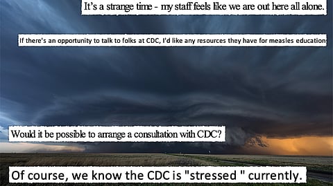 Stormy sky over open field with overlaid text excerpts about CDC stress and measles consultation needs.