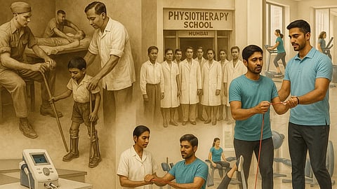 An AI - generated collage of evolution of physiotherapy from wartime rehabilitation and modern physiotherapy.