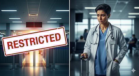 Split-panel digital illustration of an Indian doctor wearing a stethoscope, standing at an airport with a suitcase. On one side, the departure gate glows but has a big “restricted” sign.