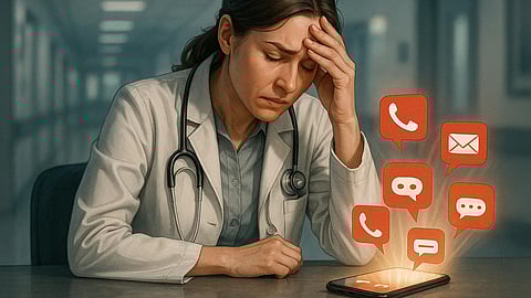 An AI image showing a female doctor distressed phone notifications coming from her phone.
