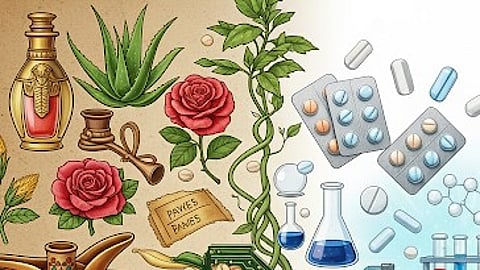Image representing a cross-over between ancient beauty concoctions and modern pharmacy.
