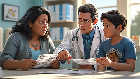 A photo of a mother and her son talking to a doctor in a clinic.