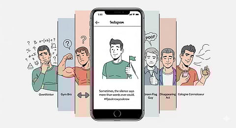 A modern, colorful illustration showing different male archetypes standing side by side