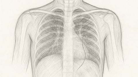 Medical illustration (sketch-style) of a human chest X-ray showing a thin foreign object (guide wire) faintly visible inside near the veins (educational, not graphic).