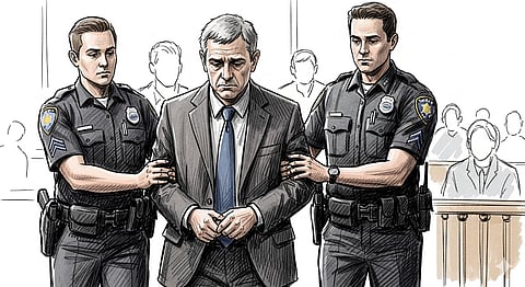 Courtroom sketch style illustration of a 63-year-old man being escorted by police, with subtle emphasis on seriousness (no sensationalism)