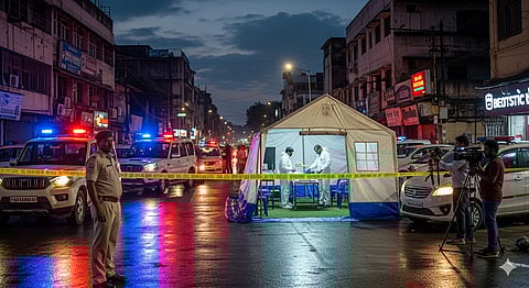 Nighttime urban Indian street crime scene with a police officer, forensic tent, police vehicles, and a news crew.