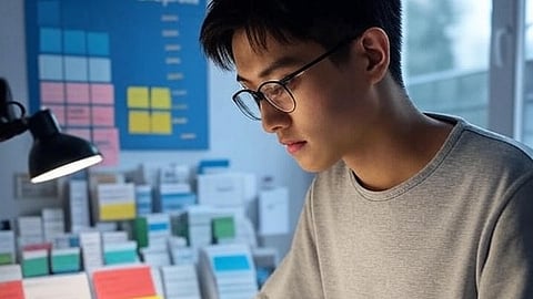 A focused pharmacy student studying at a desk with color-coded notes