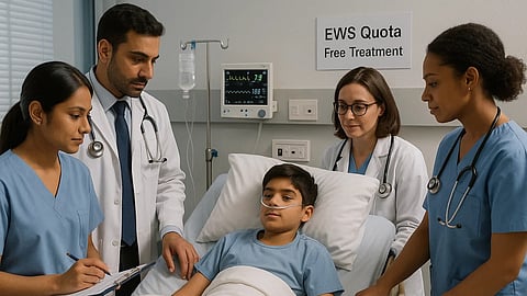 An AI image of a boy getting a treatment in a hospital surrounded by a team of healthcare professionals around his bed.