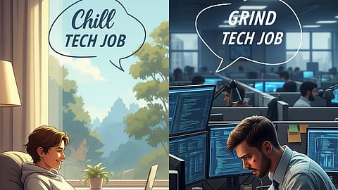 On the left, a person enjoys a "chill tech job," lounging on a beanbag in a bright, relaxed setting. On the right, another person is deep in the "grind tech job," hunched over multiple monitors in a dark, cluttered office.