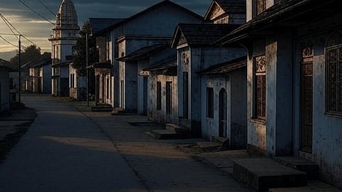 Graphical image of night time view of a village.