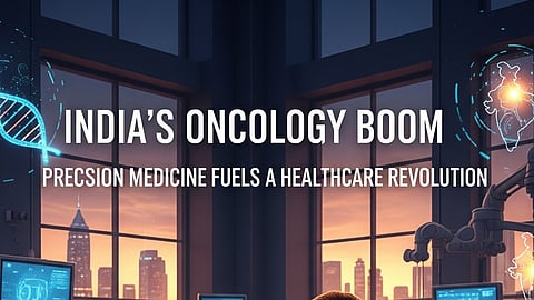 Image depicting graphics stating "India's oncology boom" with visual illustrations.