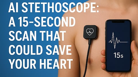An image featuring a person with an AI stethoscope device attached to their chest, connected to a smartphone displaying a 15-second heart scan graph.