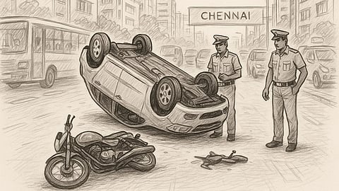 A sketch-style illustration of a car overturned on a busy urban road in Chennai, with a damaged two-wheeler nearby and police officers examining the crash site, drawn in a neutral news-reporting style.