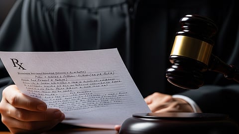 A close-up image shows a judge in a black robe holding a medical prescription with illegible handwriting.