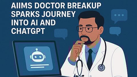 Image showing graphics of a doctor by a sating "AIIMS DOCTOR BREAKUP JOURNEY..."