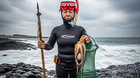A photograph shows a Haenyeo woman from Jeju Island, South Korea, standing on a dark, volcanic rock shoreline.
