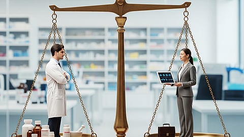 Balancing scales with a clinician and MSL representing PharmD career choices.