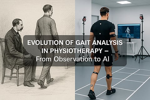 A split image that depicts earlier gait analysis by physician observation and other showing a modern gait lab.
