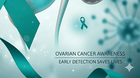 Image showing illustration of blue colors in the background with written text about "Ovarian Cancer Awareness."