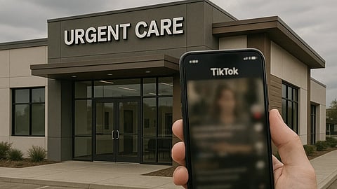 An AI image showing a blurred video of Tik Tok video in a phone and an urgent care clinic in background.