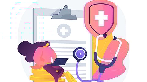 Health insurance abstract concept illustration. health insurance contract, medical expenses, claim application form, agent consultation, sign document, emergency coverage
