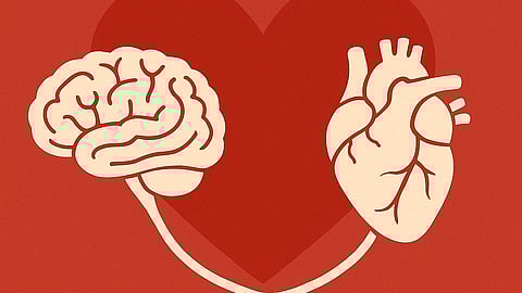 Image with red background showing connection between heart and brain.
