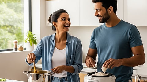 Image of a couple preparing dal-chawal together in the kitchen as advised by Nutritionist Rujuta Diwekar.