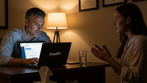 Online therapy session glitch revealing therapist using ChatGPT during live session.