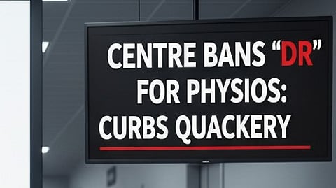 Image showing "Centre Bans Physiotherapists from Using 'Dr' Prefix in India to Curb Quackery" this text written on a board.