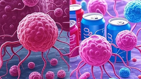 An image of split-screen medical illustration: Left, gut microbiome with bacteria breaking down arginine, weak T-cells vs. cancer, soda cans; Right, healthy microbiome, strong T-cells post-arginine, sugar packets.