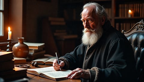 A detailed portrait of Mondino de' Liuzzi, an Italian physician and anatomist, in his study.