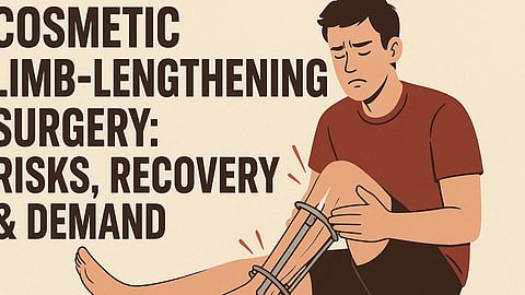 Illustration of a man in pain using a limb-lengthening device on his leg, with bold text reading "Cosmetic Limb-Lengthening Surgery: Risks, Recovery & Demand.