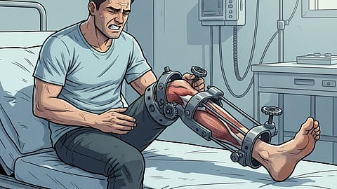 Illustration of a man in pain using a limb-lengthening device on his leg, with bold text reading "Cosmetic Limb-Lengthening Surgery: Risks, Recovery & Demand.