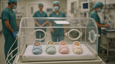 Four babies in a single neonatal incubator in an NICU.