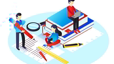 Illustration of people studying and writing with books, pens, and tools around them.