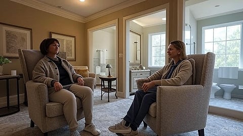 An image of 2 people sitting in luxury drug rehab.