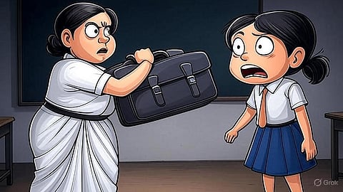 An image of a teacher holding a bag and a student looking scared.