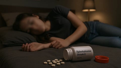 Image shows a young girl lying down on the bed unconscious after overdosing on pills.