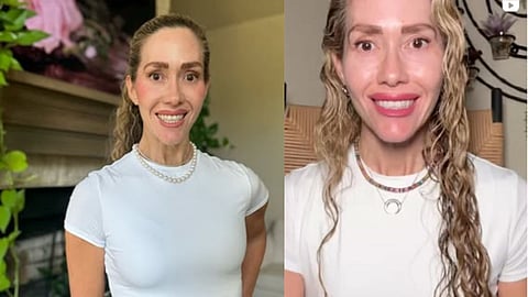 Collage of two images of Reka Janisse in a white shirt, smiling brightly.