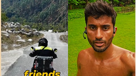 2 Images of Dr. Chaitanya Krishna, one in which he is shirtless and in another he is riding a bike.