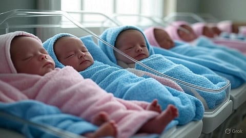 An image of babies wrapped in blue and pink towels in hospital