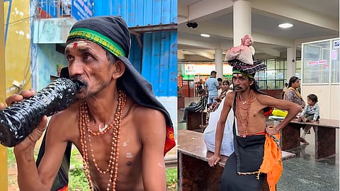 Images of “Oil Kumar” of Karnataka wearing religious clothing and drinking engine oil.