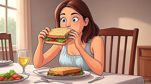 A woman eating sandwich.