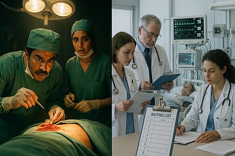 Split-frame realistic image: Left side – a Bollywood-style dramatic surgery scene; Right side – realistic hospital workflow (ICU monitors, doctors, paperwork, waiting lists).