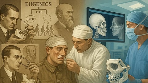 A collage showing past techniques of facial surgery and new methods side by side.