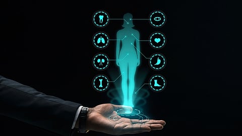 Image of hologram of a woman in blue color having black background.